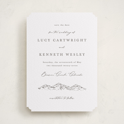 This is a graphite save the date with letterpress by Sarah Brown called mountainview printing on white cotton in standard