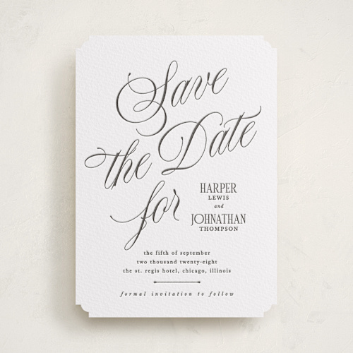 This is a soft black save the date with letterpress by Kate Ahn called mirin printing on white cotton in standard