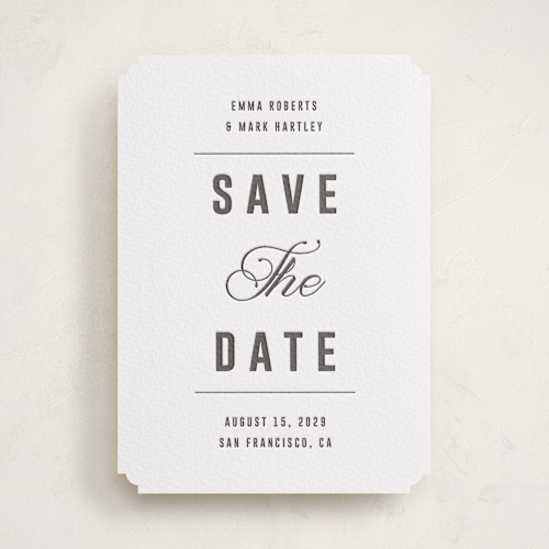 This is a soft black save the date with letterpress by Sumak Studio called bold & elegant printing on white cotton in standard