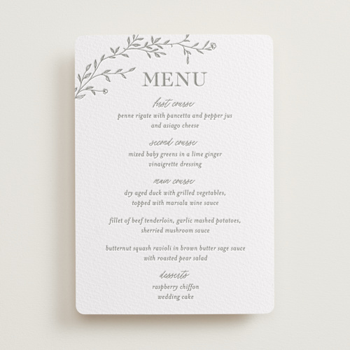 This is a ash menu cards with letterpress by Vera Lim called jasmine printing on somerset500 in standard