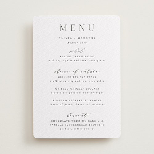 This is a soft black menu cards with letterpress by Hooray Creative called classy type printing on white cotton in standard