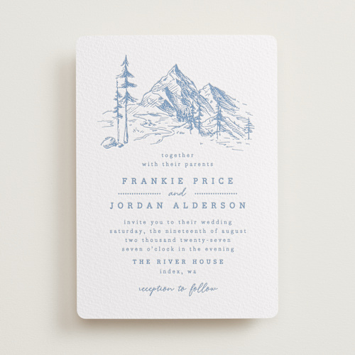 This is a pacific blue letterpress wedding invitations with letterpress by Anastasia Makarova called fresh air printing on white cotton in standard