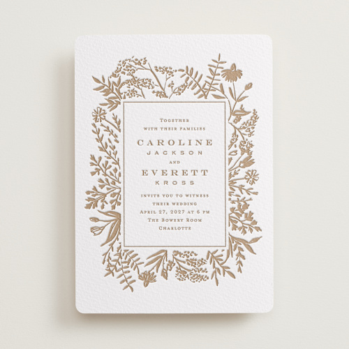 This is a matte gold letterpress wedding invitations with letterpress by Amy Kross called morning fields printing on somerset500 in standard