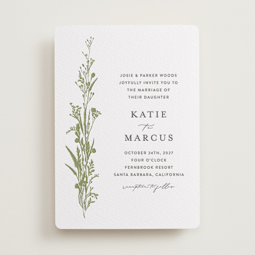 This is a olive letterpress wedding invitations with letterpress by Susan Moyal called gathered printing on white cotton in standard