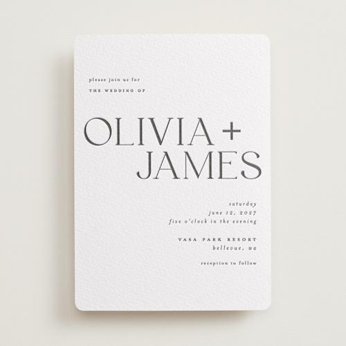 This is a soft black letterpress wedding invitations with letterpress by Vera Lim called bold names printing on white cotton in standard