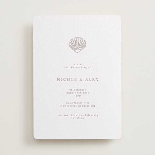 This is a dove grey letterpress wedding invitations with letterpress by Hannah Bowman called simple seashell printing on white cotton in standard