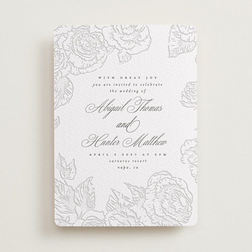 This is a soft black letterpress wedding invitations with letterpress by Leah Bisch called garden printing on white cotton in standard
