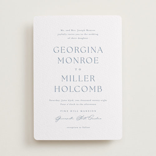 This is a provincial blue letterpress wedding invitations with letterpress by Stacey Meacham called modern air printing on somerset500 in standard