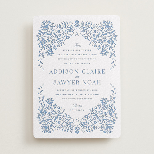This is a provincial blue letterpress wedding invitations with letterpress by Erin German called sweet garden printing on somerset500 in standard