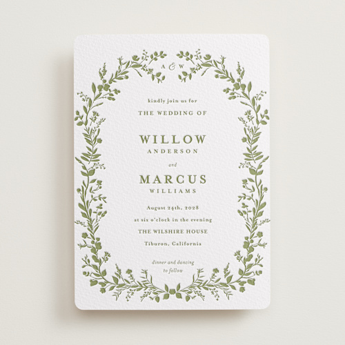 This is a olive letterpress wedding invitations with letterpress by Susan Moyal called greenery vine printing on white cotton in standard