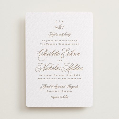 This is a matte gold letterpress wedding invitations with letterpress by Hooray Creative called vineyard script printing on somerset500 in standard