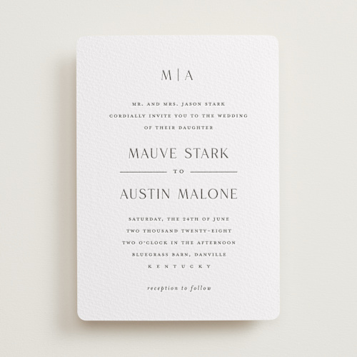 This is a soft black letterpress wedding invitations with letterpress by Stacey Meacham called simple charm printing on somerset500 in standard