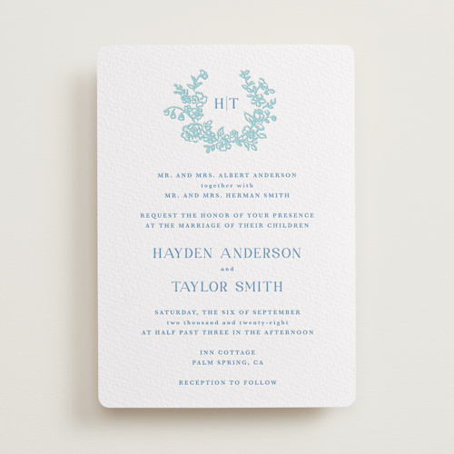 This is a robin's egg letterpress wedding invitations with letterpress by Cass Loh called flowers monogram printing on white cotton in standard