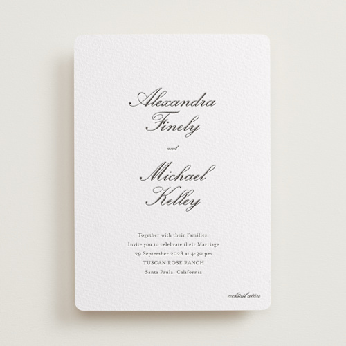 This is a soft black letterpress wedding invitations with letterpress by Ani Somi called finely printing on white cotton in standard