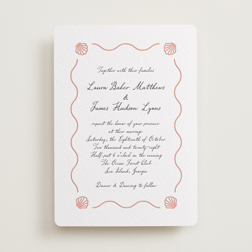 This is a peach letterpress wedding invitations with letterpress by Alston Foster called ocean love printing on somerset500 in standard