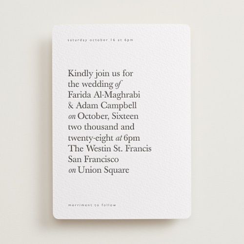 This is a soft black letterpress wedding invitations with letterpress by Hudson meet Rose called westin printing on somerset500 in standard