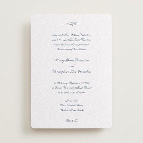 This is a provincial blue letterpress wedding invitations with letterpress by Blustery August called villa printing on somerset500 in standard