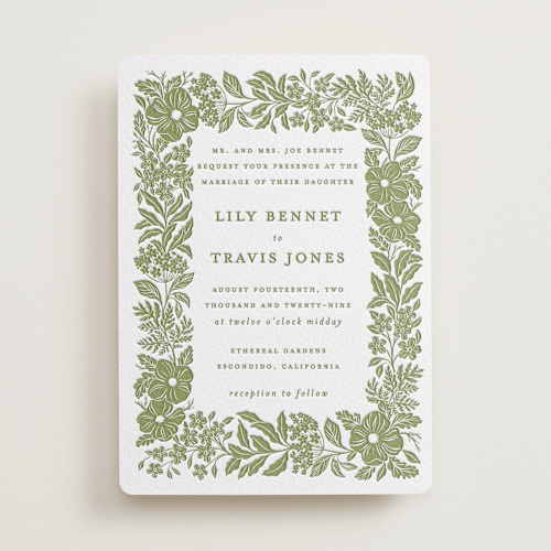 This is a olive letterpress wedding invitations with letterpress by Sarah Knight called ethereal gardens printing on white cotton in standard