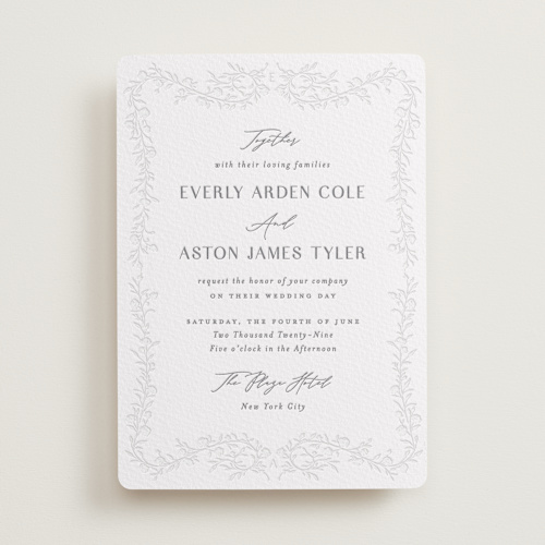This is a smoke letterpress wedding invitations with letterpress by Nicoletta Savod called delicately printing on white cotton in standard