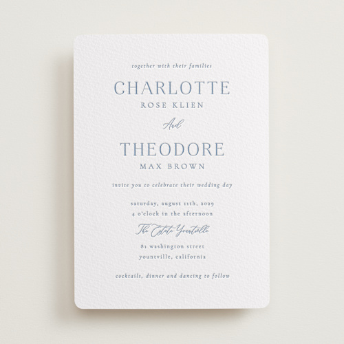 This is a provincial blue letterpress wedding invitations with letterpress by Jen Movitz called simple type printing on somerset500 in standard