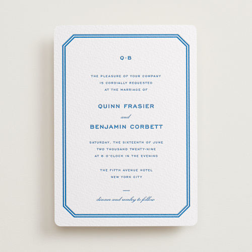 This is a sapphire letterpress wedding invitations with letterpress by Megan Davis called brasserie printing on somerset500 in standard