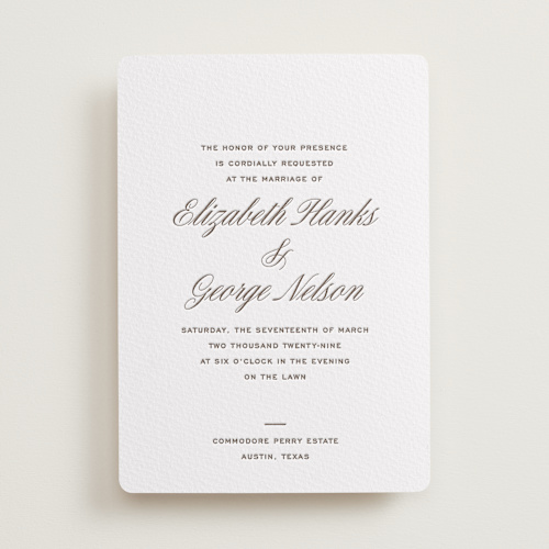 This is a coffee letterpress wedding invitations with letterpress by Megan Davis called basque printing on somerset500 in standard