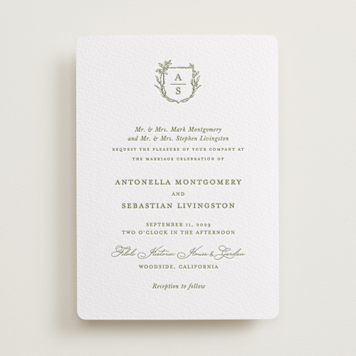 This is a pistachio letterpress wedding invitations with letterpress by Lucrecia Caporale called botanical crest printing on somerset500 in standard