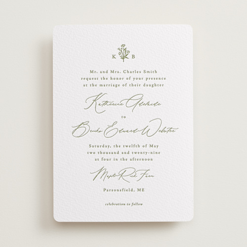 This is a olive letterpress wedding invitations with letterpress by Olivia Raufman called posy printing on white cotton in standard