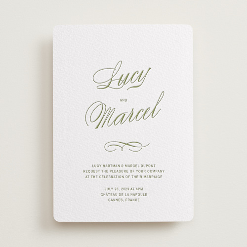 This is a pistachio letterpress wedding invitations with letterpress by Ani Somi called love in the afternoon printing on somerset500 in standard