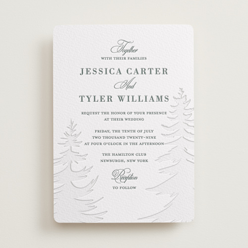 This is a stone letterpress wedding invitations with letterpress by Teju Reval called evergreen printing on somerset500 in standard
