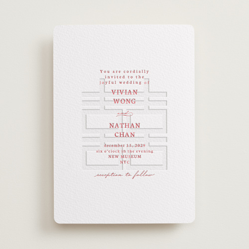 This is a scarlet letterpress wedding invitations with letterpress by Deborah Chou called simply happy printing on somerset500 in standard