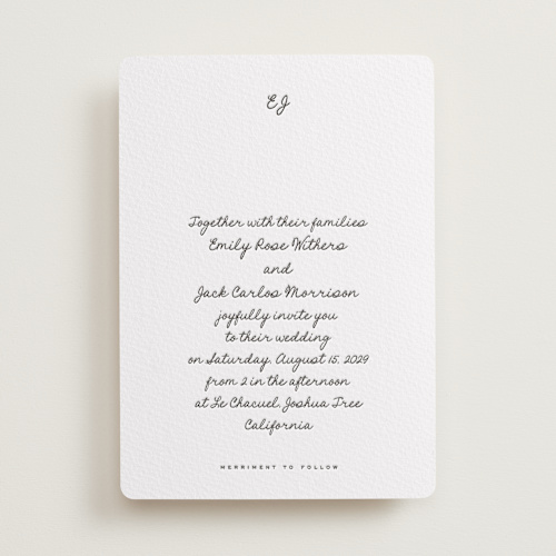 This is a soft black letterpress wedding invitations with letterpress by Blustery August called lover's lantern printing on white cotton in standard