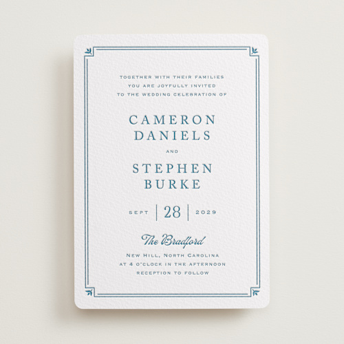 This is a denim letterpress wedding invitations with letterpress by Carolyn MacLaren called fleur corner printing on somerset500 in standard