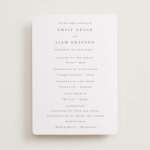 This is a soft black unique wedding programs with letterpress by Design Lotus called a thousand years printing on somerset500 in standard
