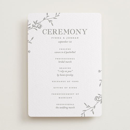 This is a granite unique wedding programs with letterpress by Vera Lim called jasmine printing on white cotton in standard
