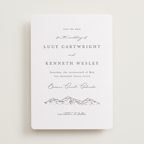 This is a graphite save the date with letterpress by Sarah Brown called mountainview printing on somerset500 in standard