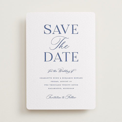 This is a lapis save the date with letterpress by Pixel and Hank called starboard printing on somerset500 in standard