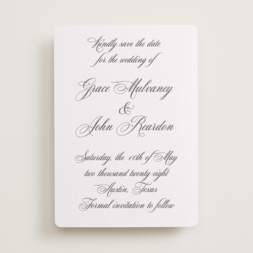 This is a soft black save the date with letterpress by Janean Hinger called scripted in love printing on somerset500 in standard