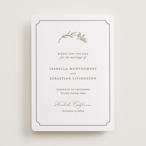 This is a pistachio save the date with letterpress by Lucrecia Caporale called botanical crest printing on somerset500 in standard