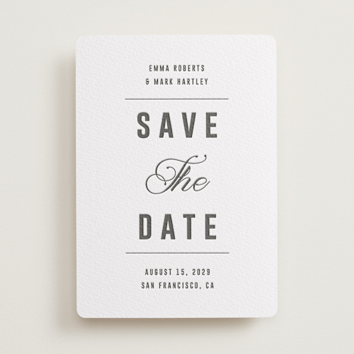 This is a soft black save the date with letterpress by Sumak Studio called bold & elegant printing on somerset500 in standard