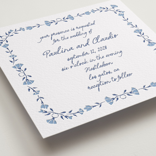 This is a lapis letterpress wedding invitations with letterpress by Tamara Hilje called talavera printing on somerset500 in standard