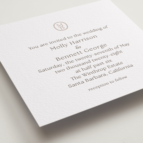 This is a coffee letterpress wedding invitations with letterpress by Megan Davis called perriand printing on somerset500 in standard