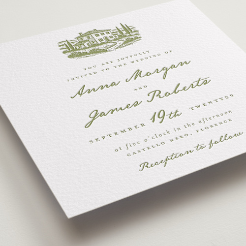 This is a pistachio letterpress wedding invitations with letterpress by Maja Cunningham called villa printing on somerset500 in standard