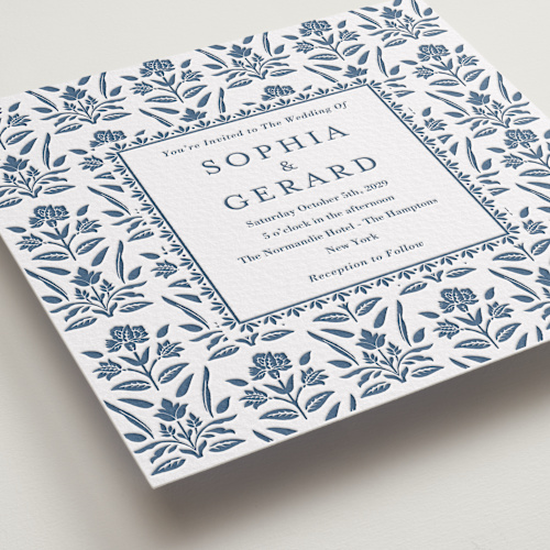 This is a indigo letterpress wedding invitations with letterpress by Oma N. Ramkhelawan called pressed motif printing on somerset500 in standard