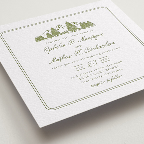 This is a pistachio letterpress wedding invitations with letterpress by Ana Sharpe called summit meadows printing on somerset500 in standard