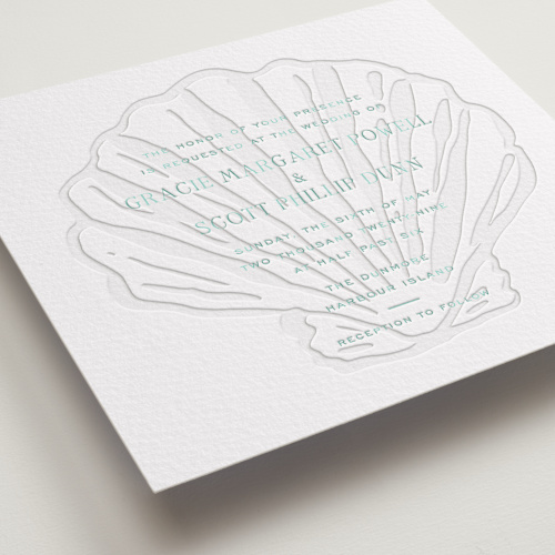 This is a seafoam letterpress wedding invitations with letterpress by Megan Davis called isle printing on somerset500 in standard