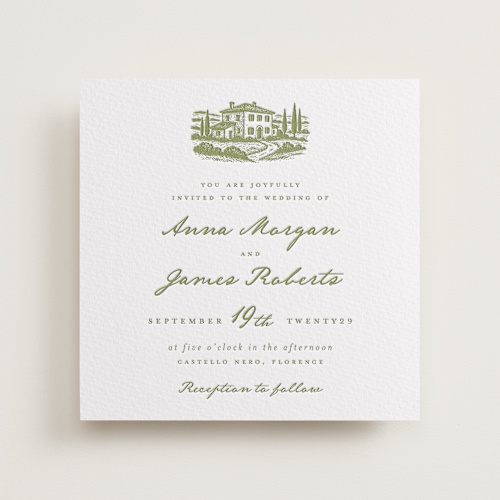 This is a olive letterpress wedding invitations with letterpress by Maja Cunningham called villa printing on white cotton in standard