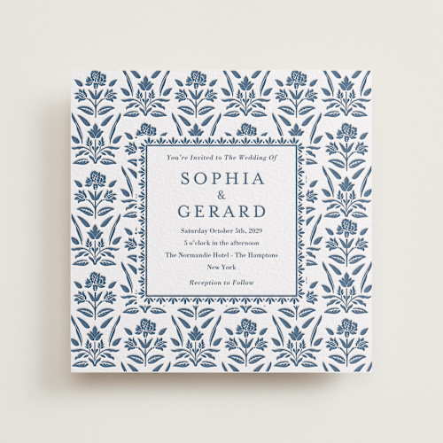 This is a indigo letterpress wedding invitations with letterpress by Oma N. Ramkhelawan called pressed motif printing on somerset500 in standard