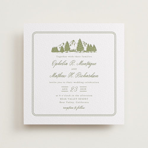 This is a pistachio letterpress wedding invitations with letterpress by Ana Sharpe called summit meadows printing on somerset500 in standard