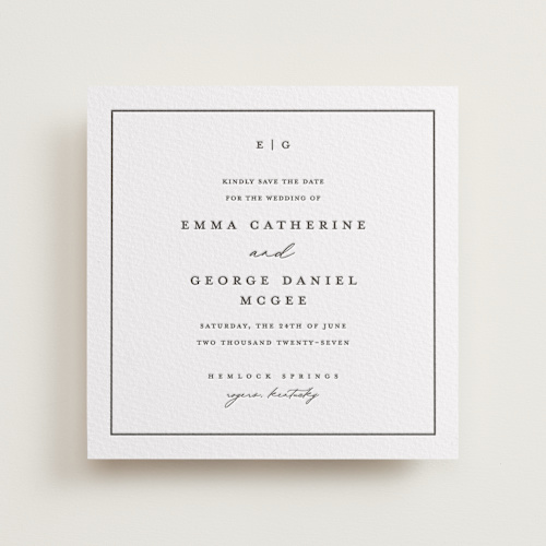 This is a soft black save the date with letterpress by Stacey Meacham called heritage printing on somerset500 in standard